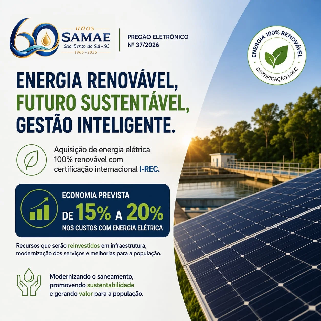 Samae de São Bento do Sul investe em energia renovável e projeta redução de até 20% nos custos de energia