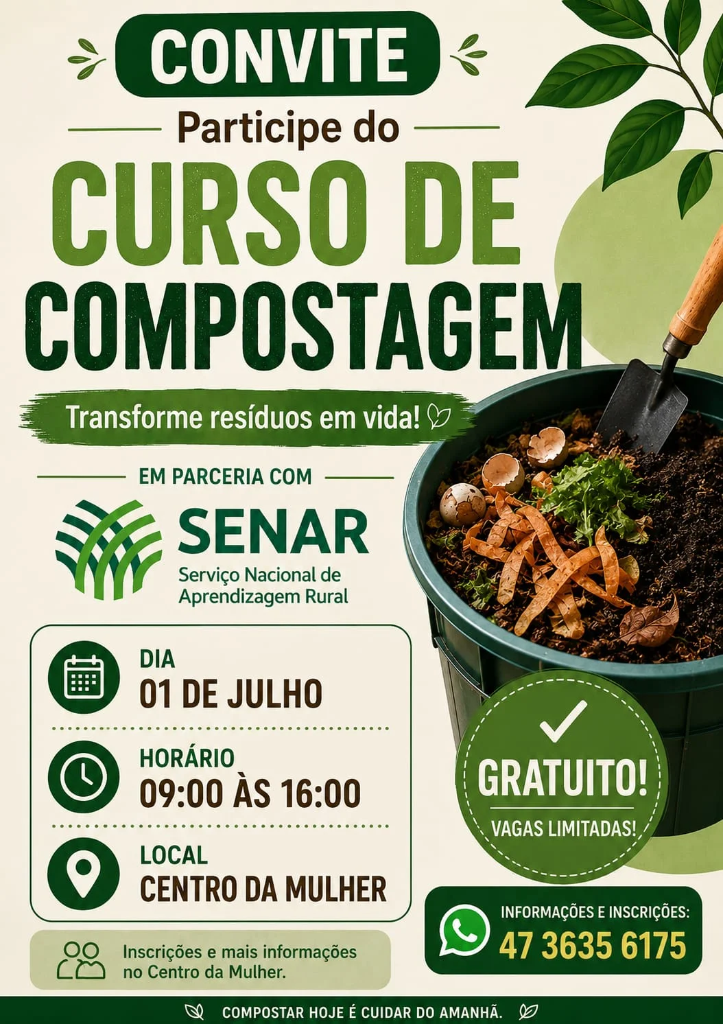 Curso gratuito de compostagem está com inscrições abertas em São Bento do Sul