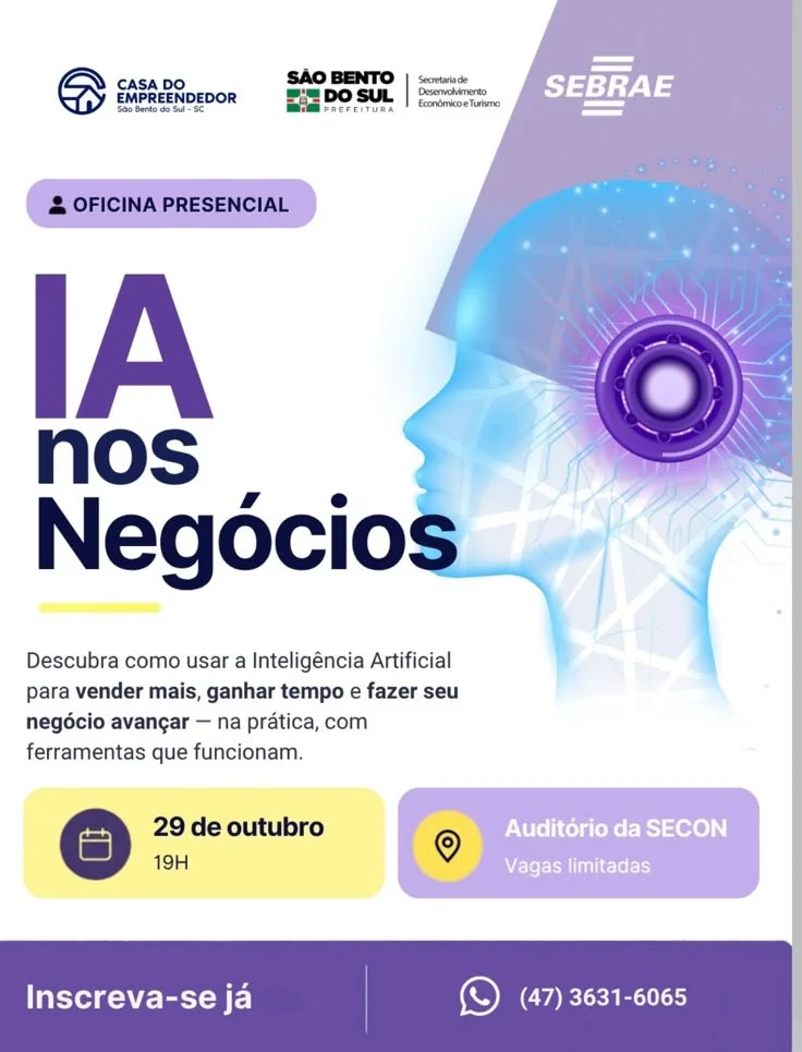 São Bento do Sul terá oficina gratuita sobre Inteligência Artificial nos negócios