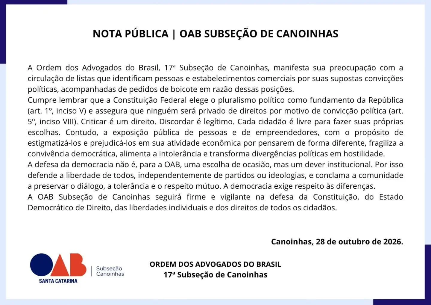 OAB de Canoinhas manifesta preocupação com listas de boicote por posições políticas